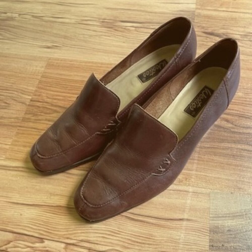 Vintage Westies, Brown Leather Loafers, Chunky 1.5 Inch Heels, Slip On